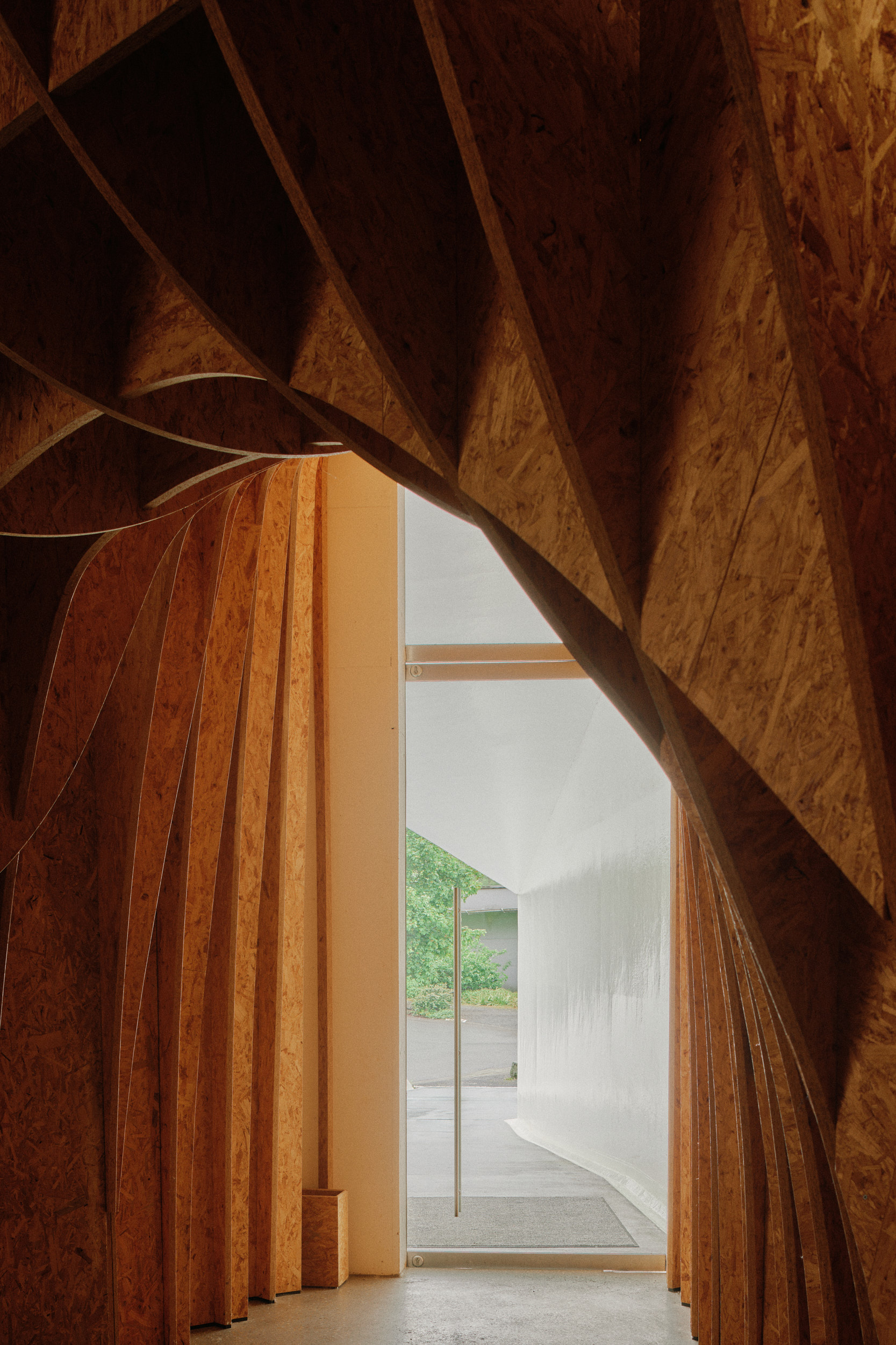 Daylight entering the timber interior of Autobahnkirche Siegerland, photographed by David Altrath.