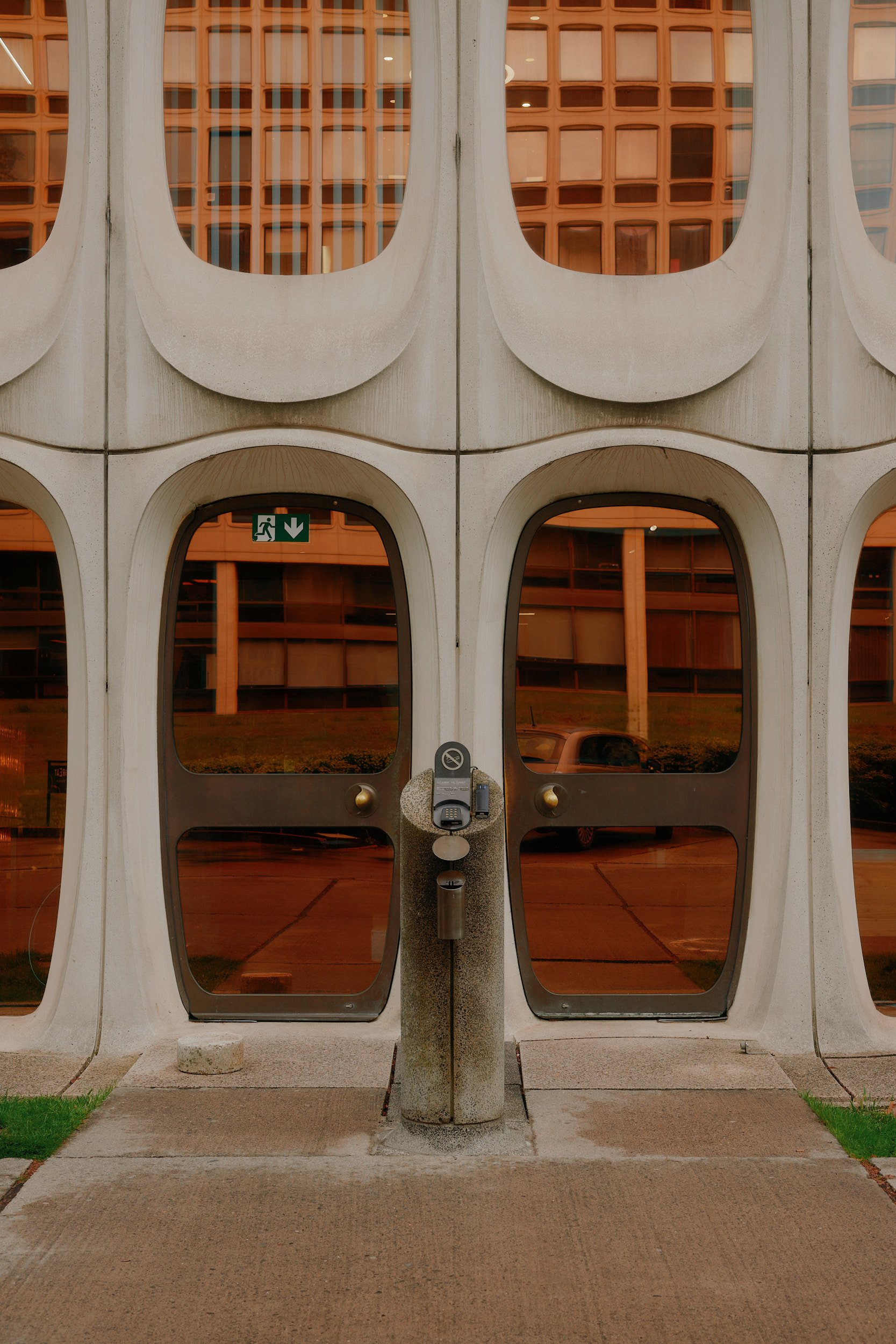 Close-up of the cellular concrete façade at the CBR Building, Brussels